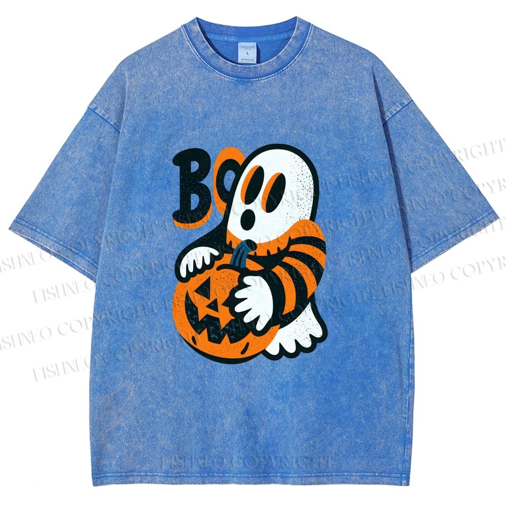Unisex Ghost With Halloween Pumpkin Printed Washed Tee