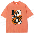 Unisex Ghost With Halloween Pumpkin Printed Washed Tee