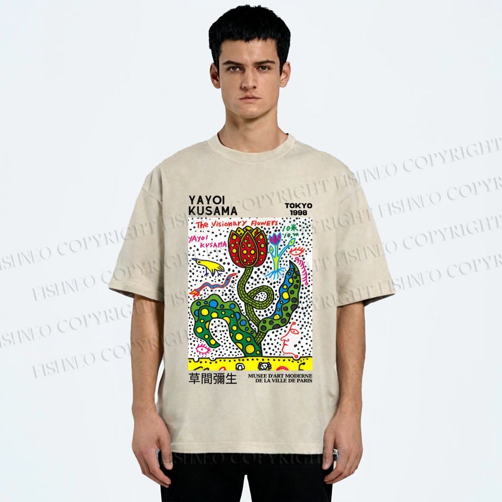 Unisex Yayoi Kusama Flower With Dots Printed Washed Tee