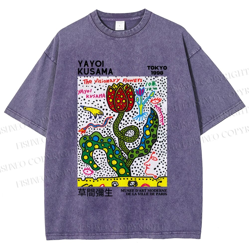 Unisex Yayoi Kusama Flower With Dots Printed Washed Tee