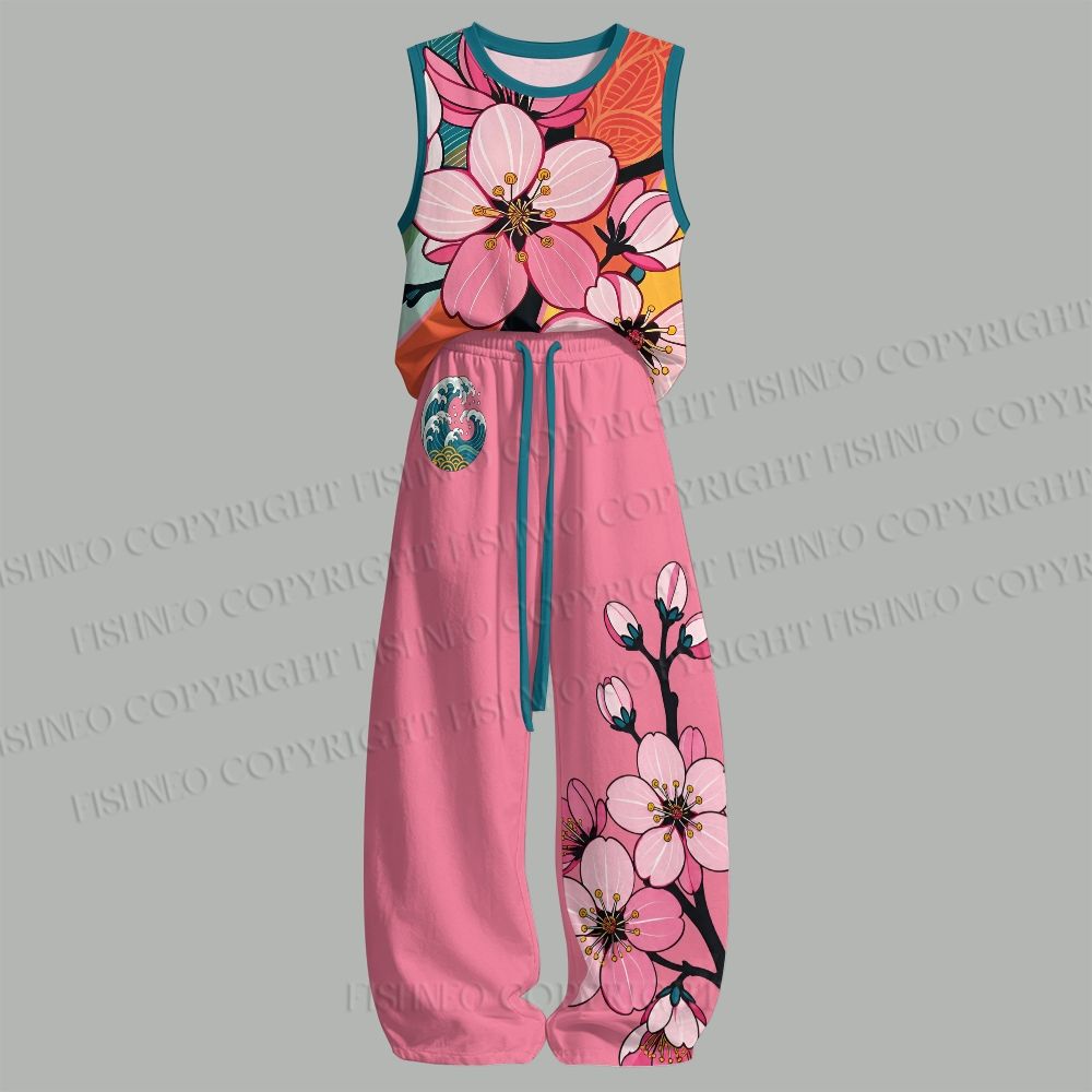 Unisex Japanese Wave Sakura Loose Tank Top Set