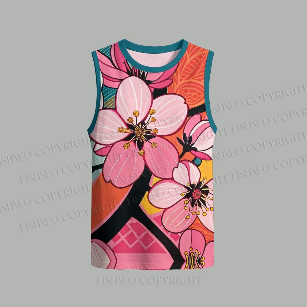 Unisex Japanese Wave Sakura Loose Tank Top Set