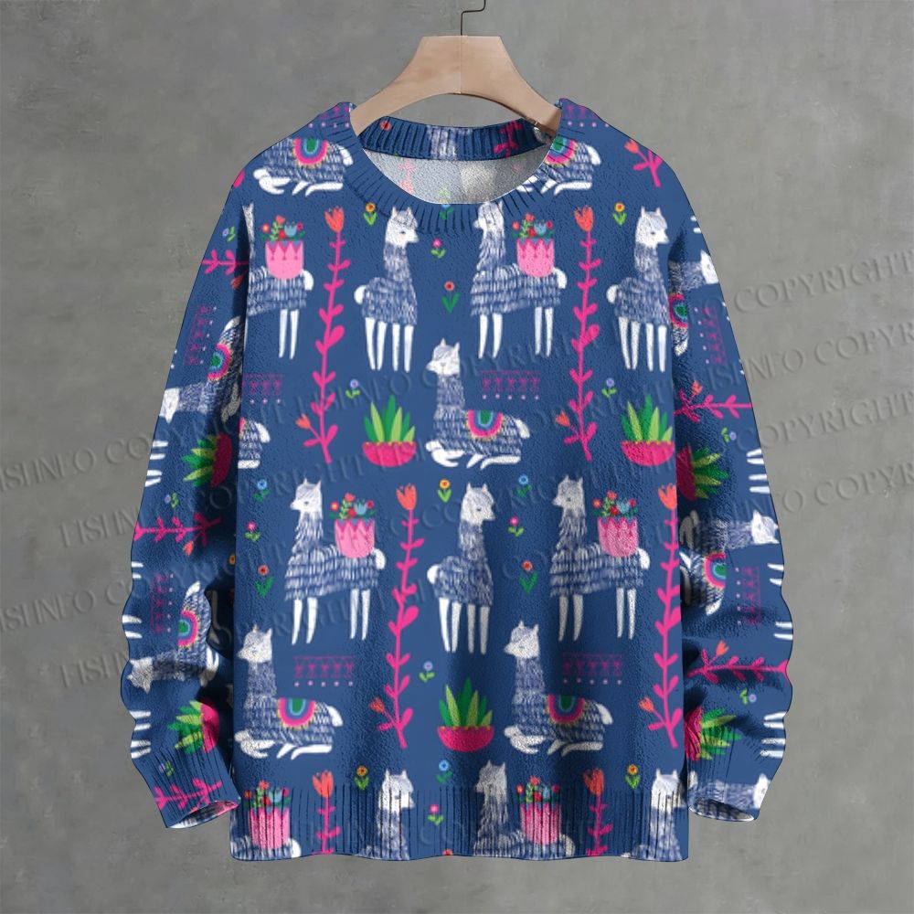 Cartoon Alpaca Crew Neck Sweater