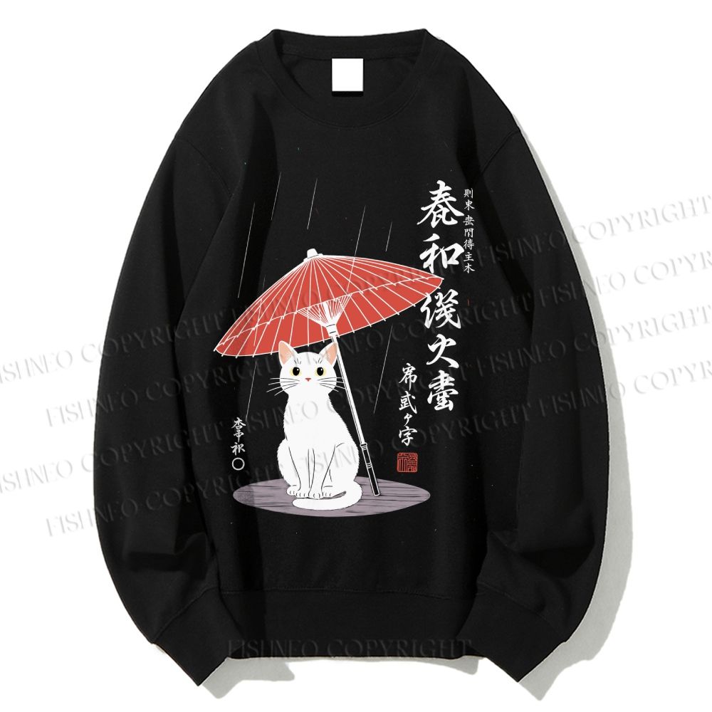 Unisex The Cat Under The Umbrella Printed Sweatshirt