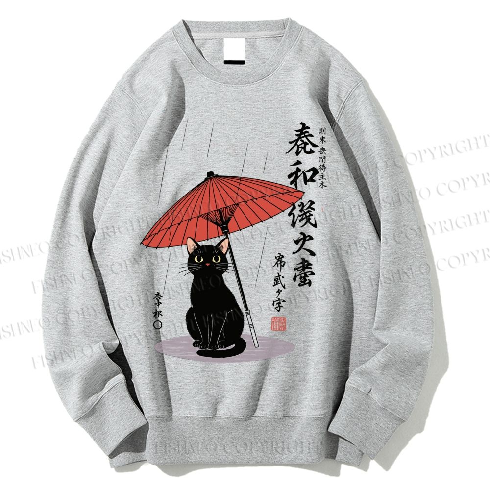 Unisex The Cat Under The Umbrella Printed Sweatshirt