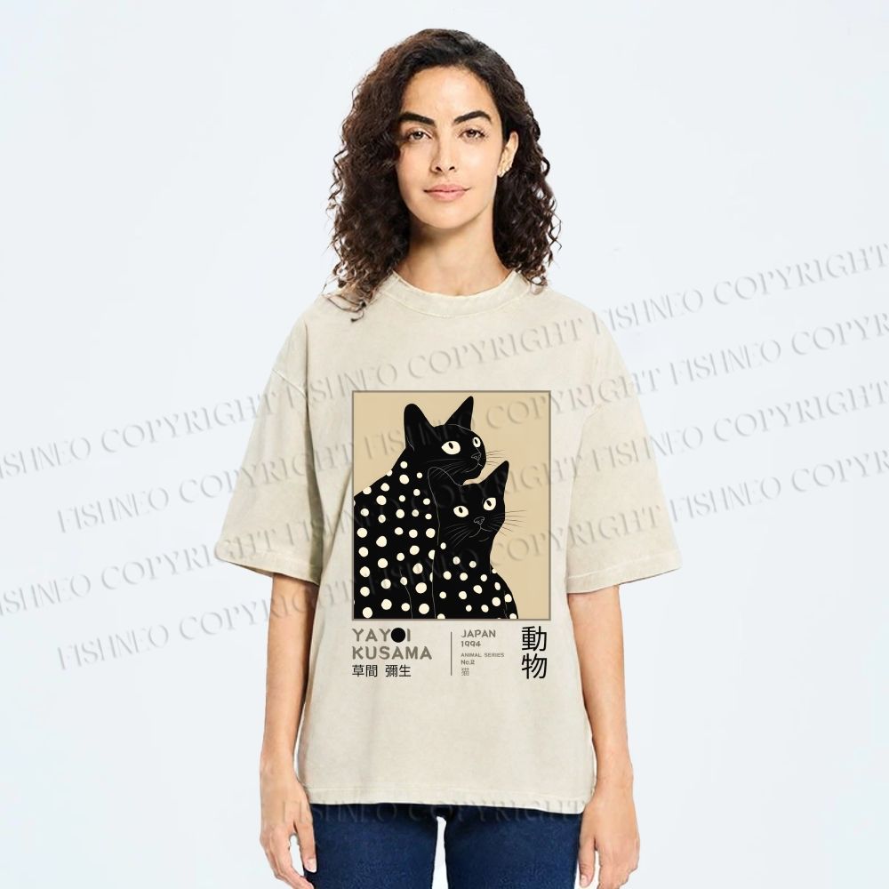 Unisex Yayoi Kusama Black Cat Printed Washed Tee