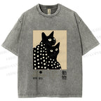 Unisex Yayoi Kusama Black Cat Printed Washed Tee