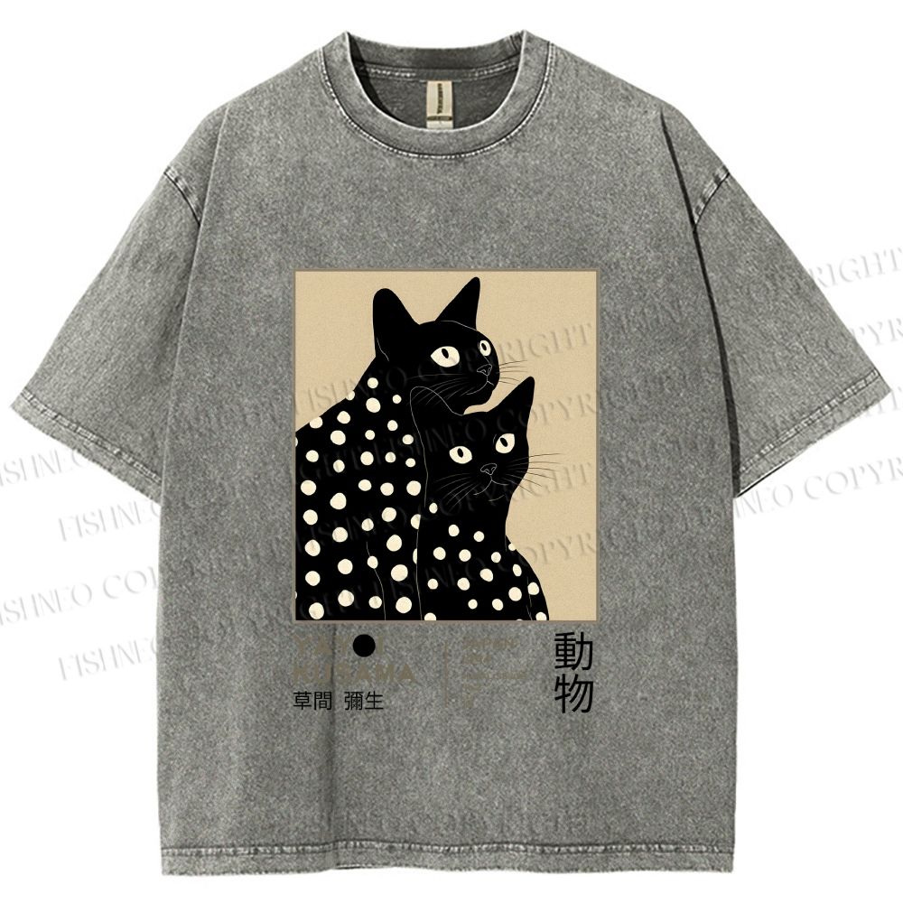 Unisex Yayoi Kusama Black Cat Printed Washed Tee