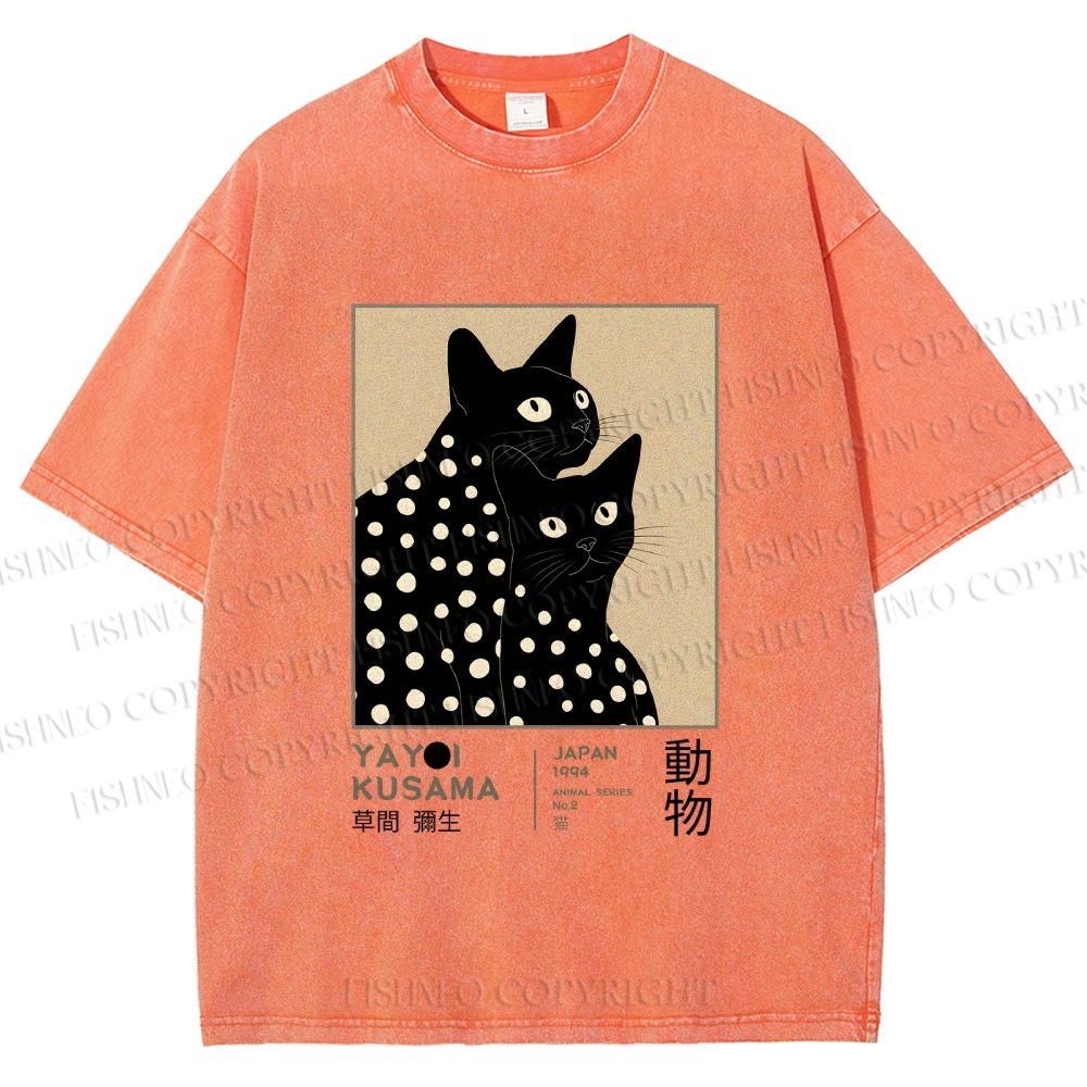 Unisex Yayoi Kusama Black Cat Printed Washed Tee