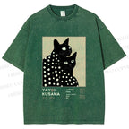 Unisex Yayoi Kusama Black Cat Printed Washed Tee