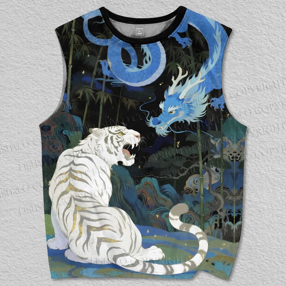 Unisex White Tiger With Blue Dragon Printed Tank Top