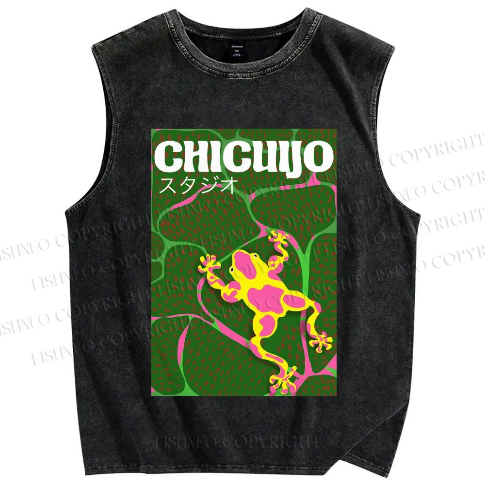 Unisex Frog in Water Printed Washed Tank Top