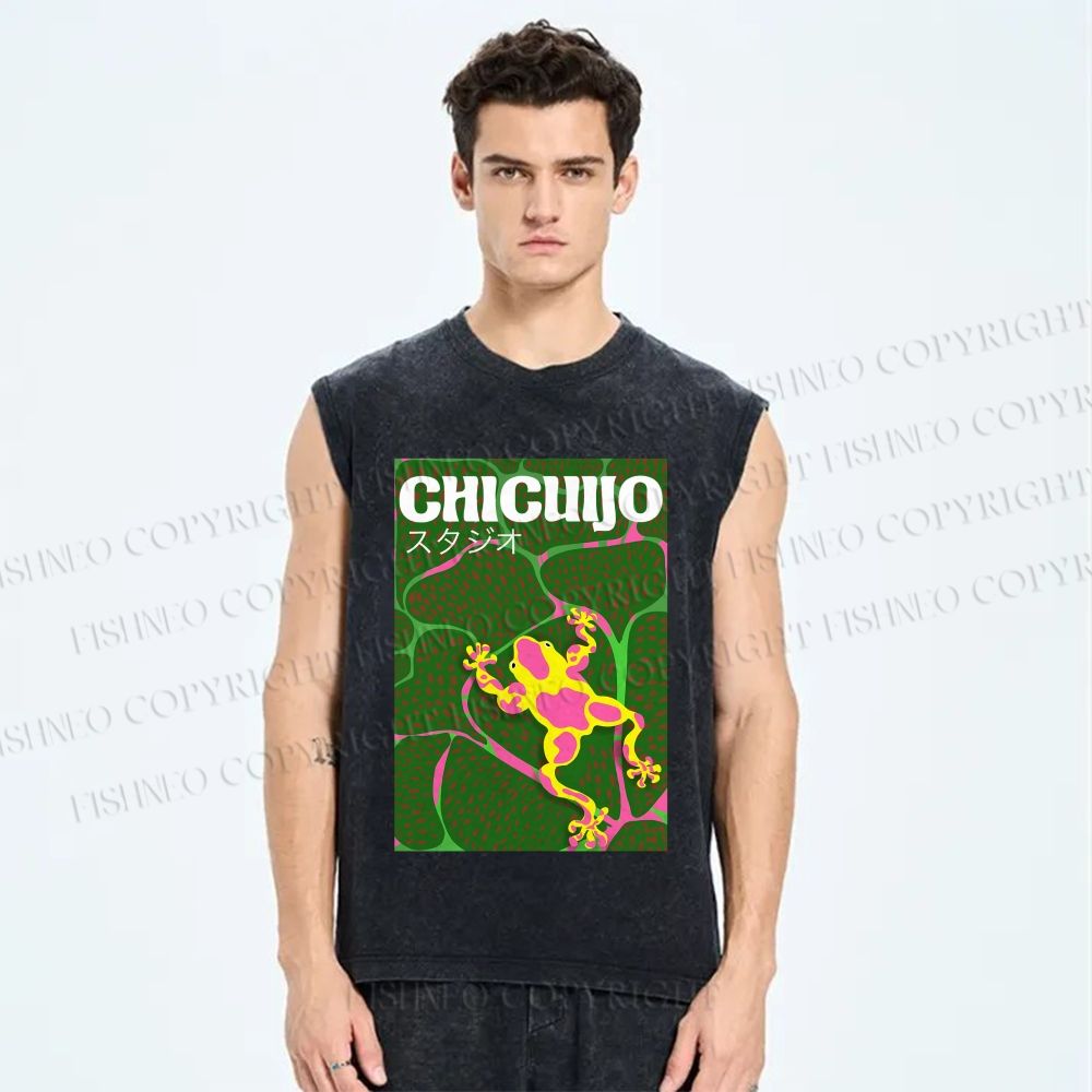 Unisex Frog in Water Printed Washed Tank Top
