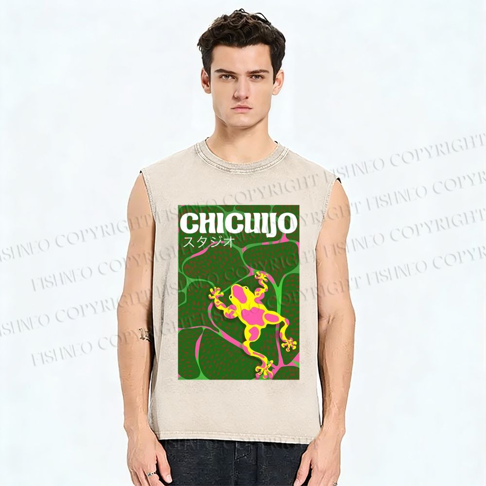 Unisex Frog in Water Printed Washed Tank Top