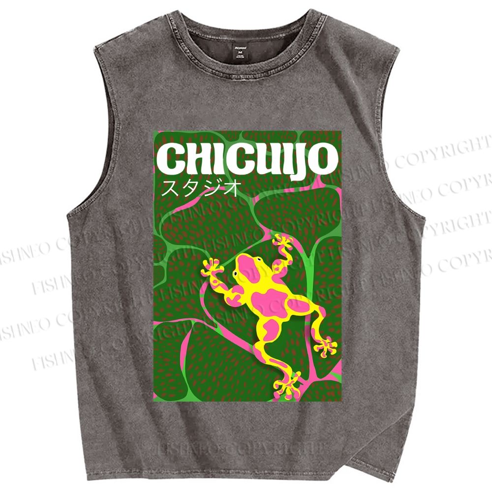 Unisex Frog in Water Printed Washed Tank Top