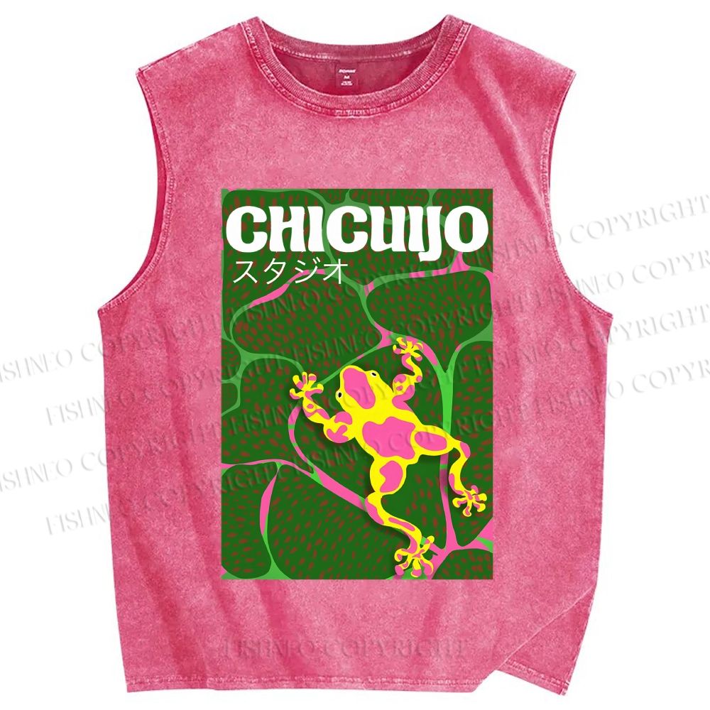 Unisex Frog in Water Printed Washed Tank Top