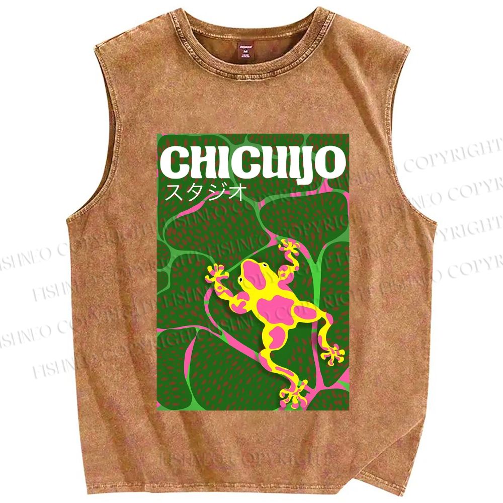Unisex Frog in Water Printed Washed Tank Top
