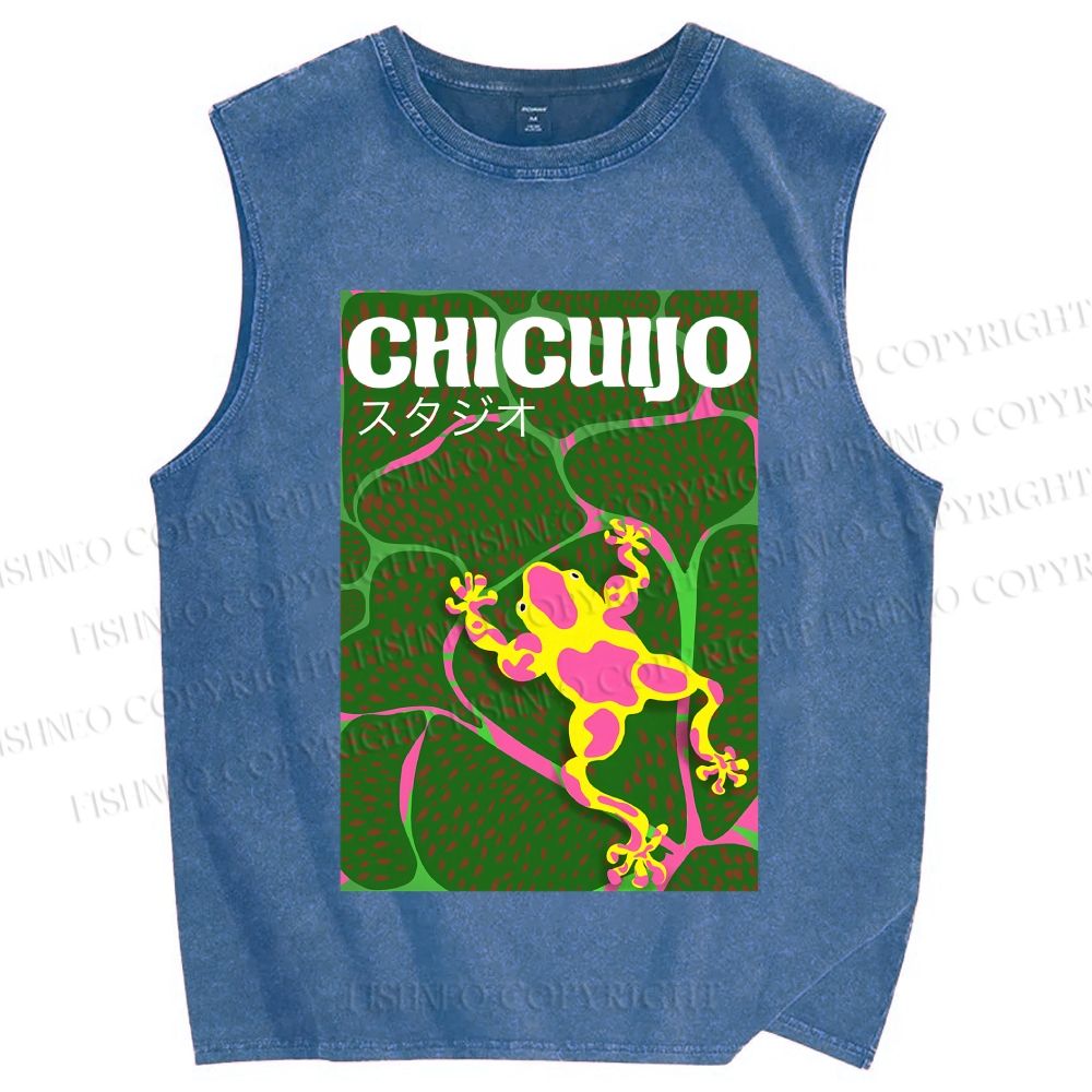 Unisex Frog in Water Printed Washed Tank Top