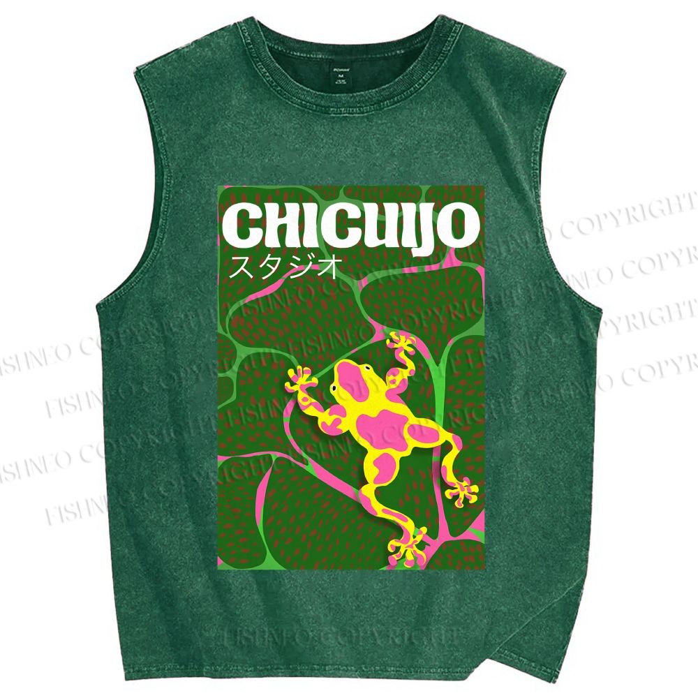 Unisex Frog in Water Printed Washed Tank Top
