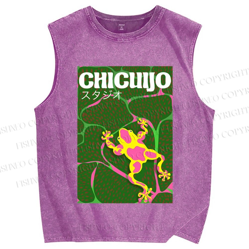 Unisex Frog in Water Printed Washed Tank Top