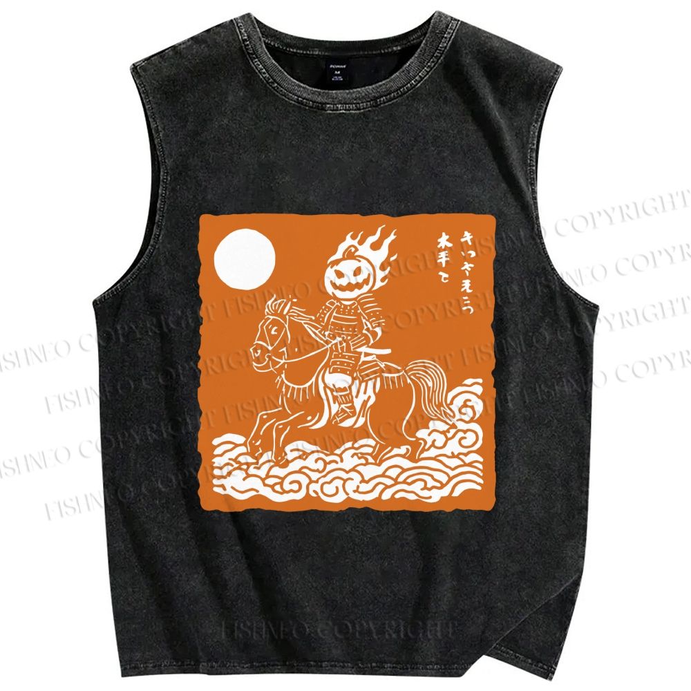 Unisex Vintage Japanese Halloween Soldier Printed Washed Tank Top