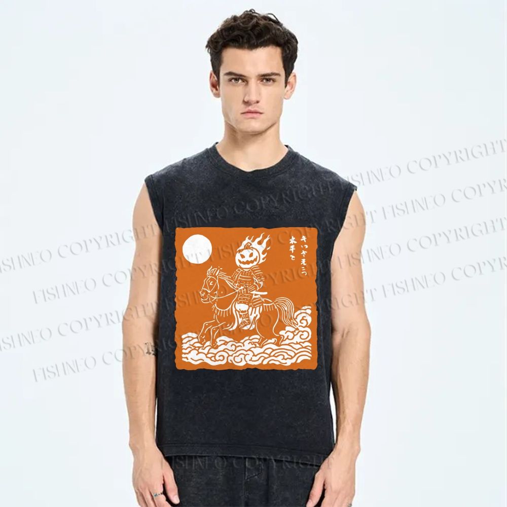 Unisex Vintage Japanese Halloween Soldier Printed Washed Tank Top