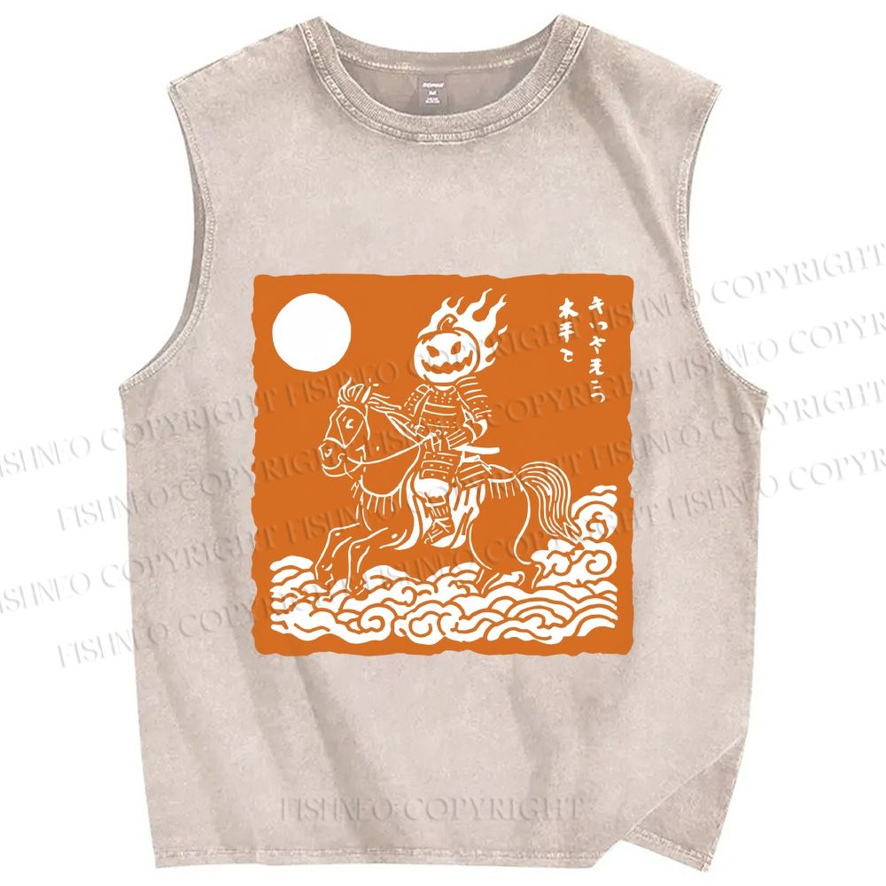 Unisex Vintage Japanese Halloween Soldier Printed Washed Tank Top