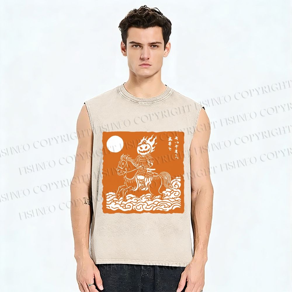 Unisex Vintage Japanese Halloween Soldier Printed Washed Tank Top