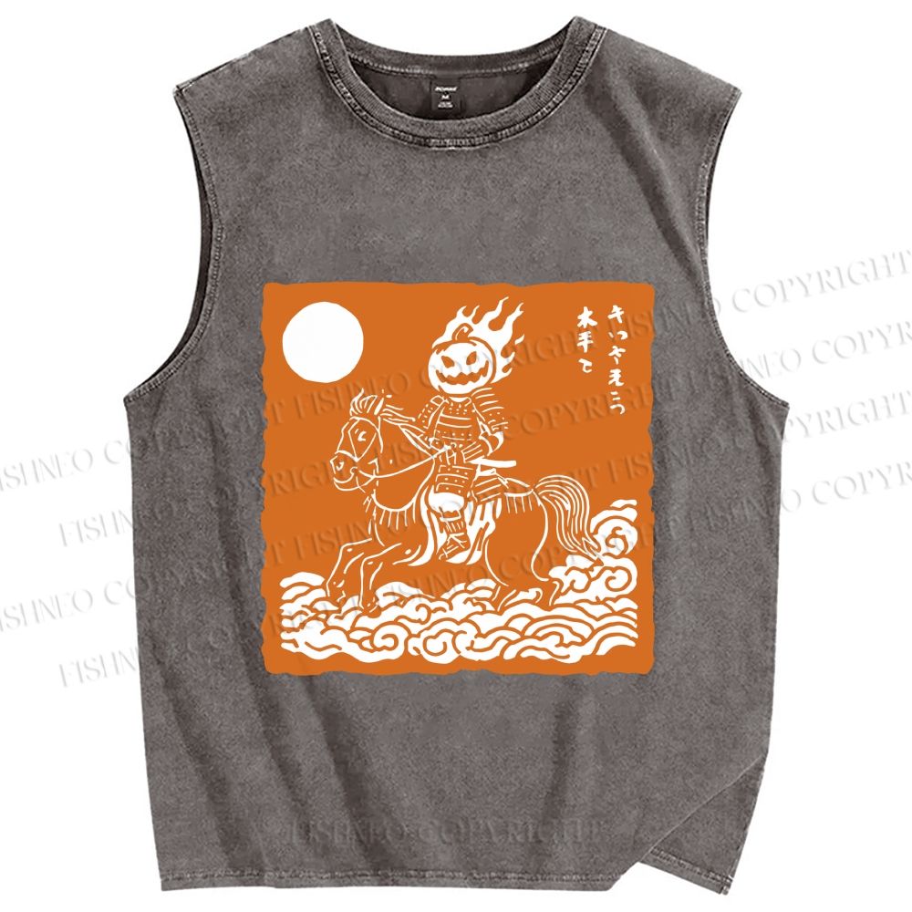Unisex Vintage Japanese Halloween Soldier Printed Washed Tank Top