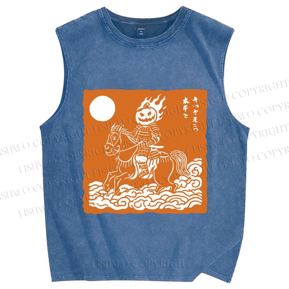 Unisex Vintage Japanese Halloween Soldier Printed Washed Tank Top