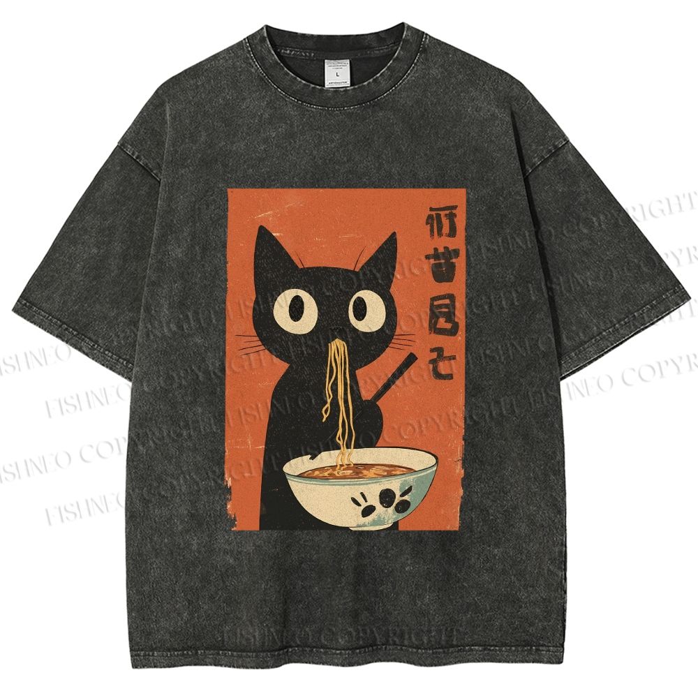Unisex Japanese Ramen Cat Printed Washed Tee