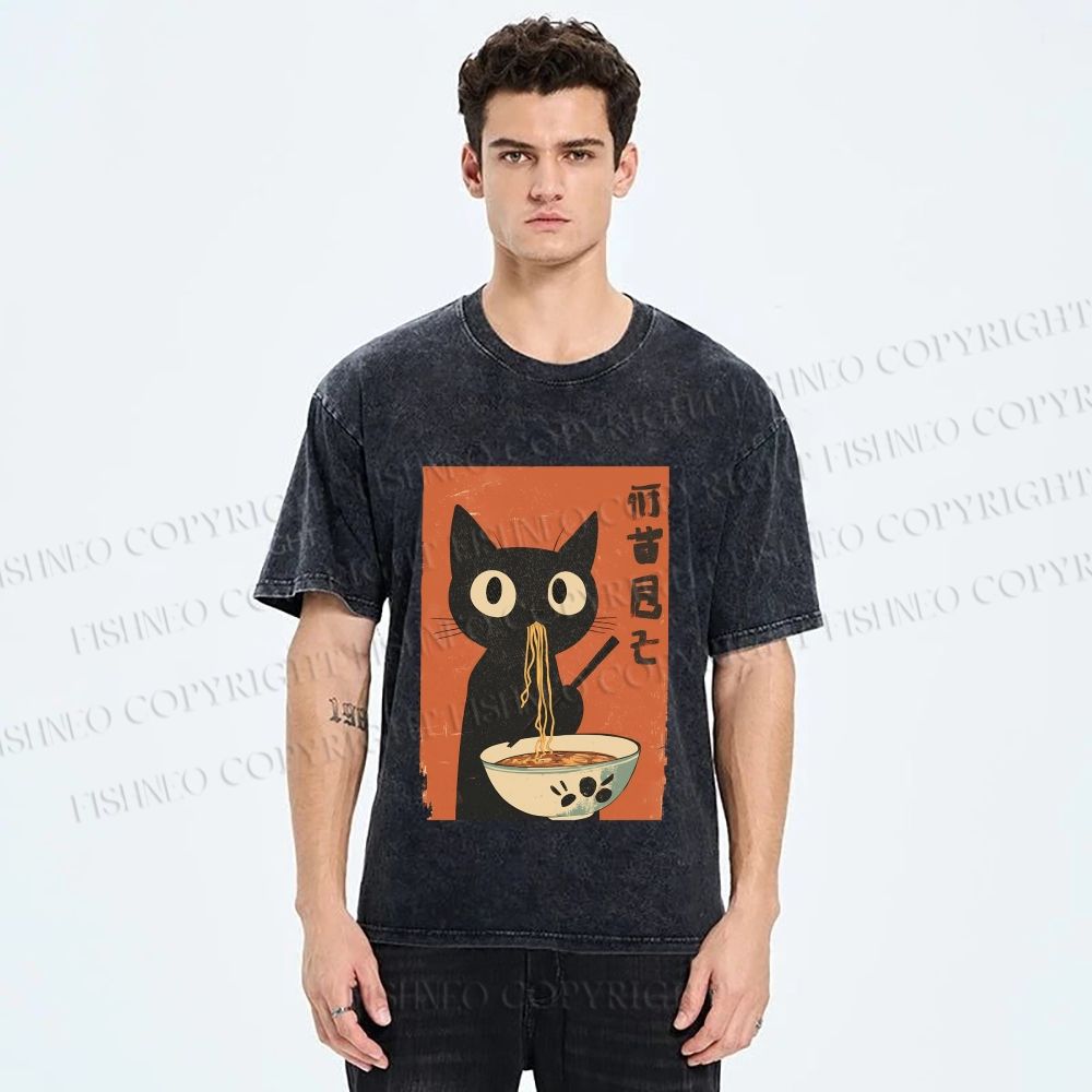 Unisex Japanese Ramen Cat Printed Washed Tee