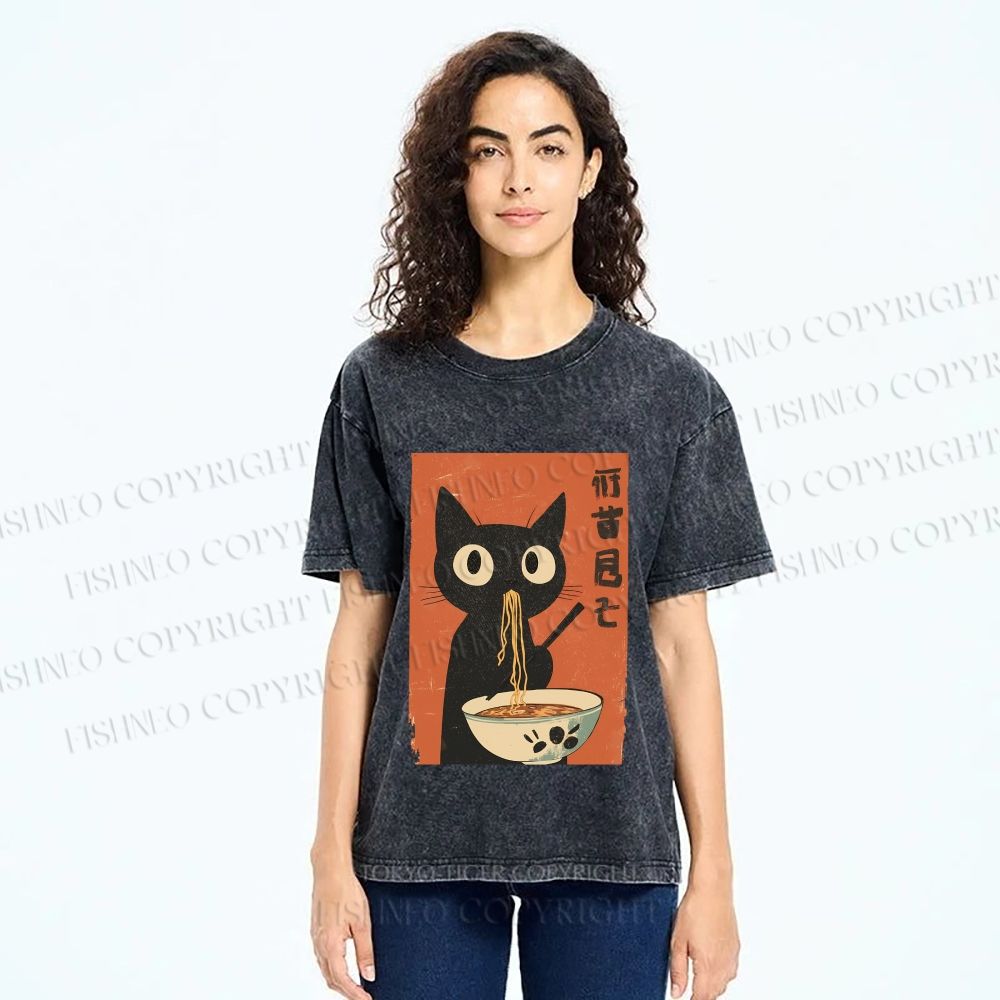 Unisex Japanese Ramen Cat Printed Washed Tee