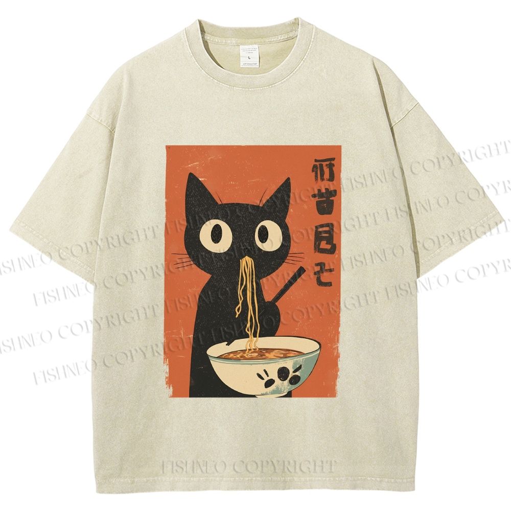 Unisex Japanese Ramen Cat Printed Washed Tee