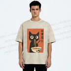Unisex Japanese Ramen Cat Printed Washed Tee
