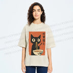 Unisex Japanese Ramen Cat Printed Washed Tee