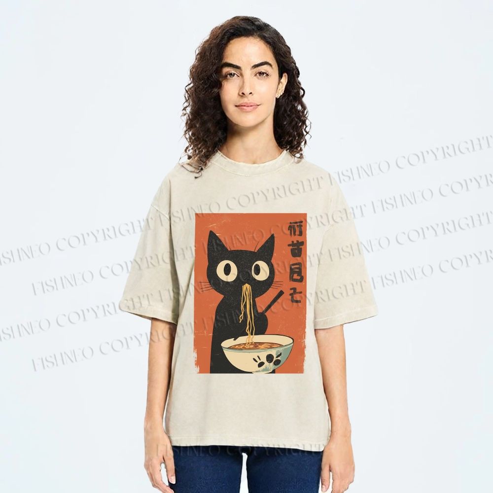 Unisex Japanese Ramen Cat Printed Washed Tee