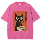 Unisex Japanese Ramen Cat Printed Washed Tee