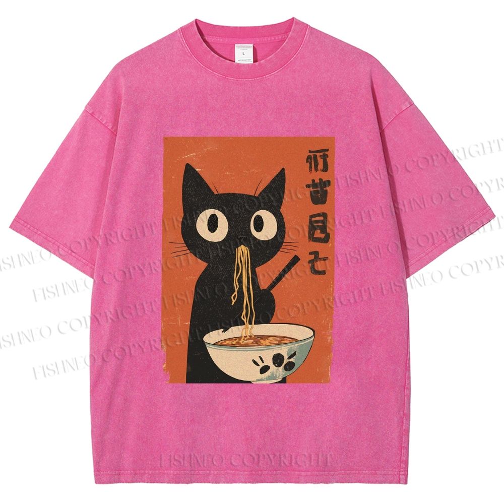 Unisex Japanese Ramen Cat Printed Washed Tee