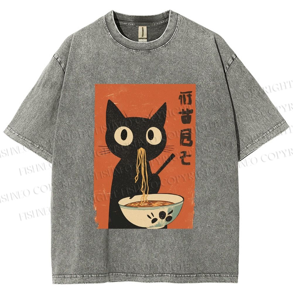 Unisex Japanese Ramen Cat Printed Washed Tee