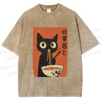 Unisex Japanese Ramen Cat Printed Washed Tee