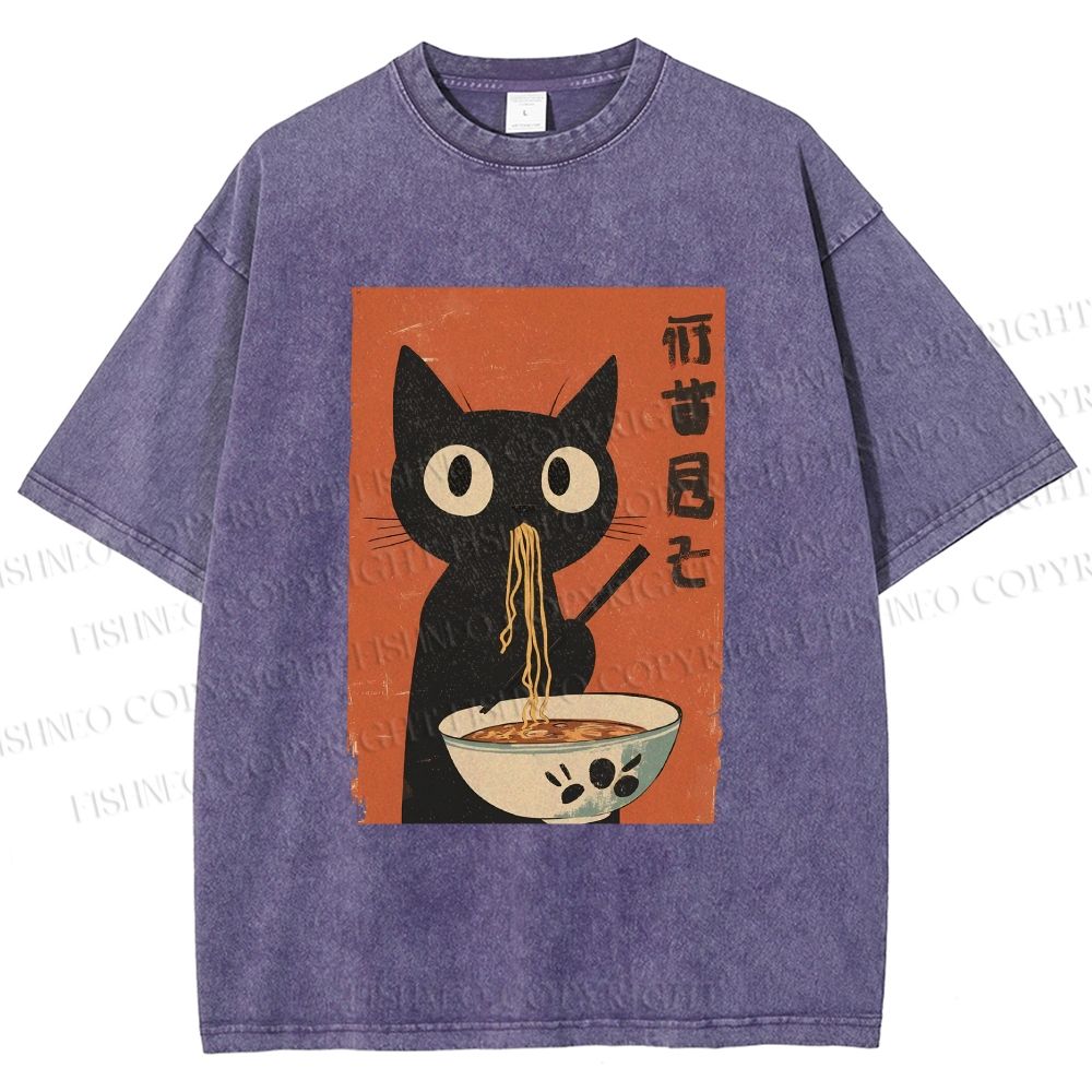 Unisex Japanese Ramen Cat Printed Washed Tee