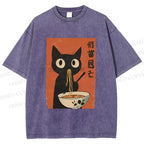 Unisex Japanese Ramen Cat Printed Washed Tee