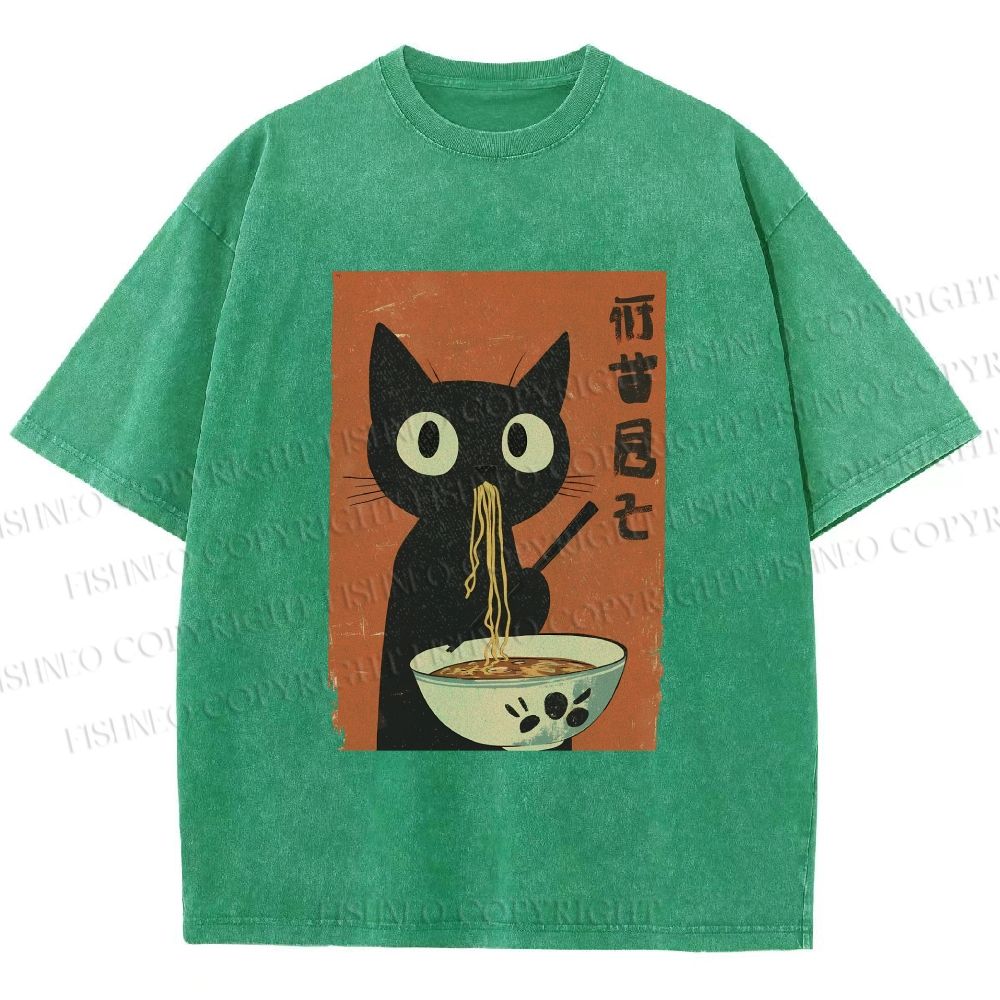 Unisex Japanese Ramen Cat Printed Washed Tee
