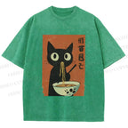 Unisex Japanese Ramen Cat Printed Washed Tee