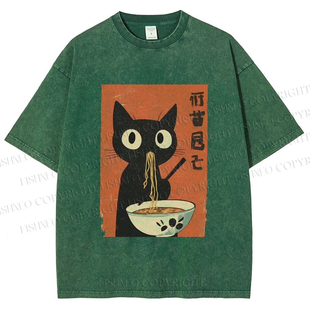 Unisex Japanese Ramen Cat Printed Washed Tee