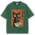 Unisex Japanese Ramen Cat Printed Washed Tee
