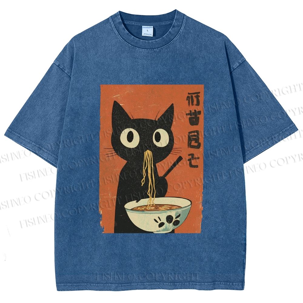 Unisex Japanese Ramen Cat Printed Washed Tee