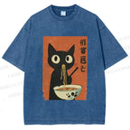 Unisex Japanese Ramen Cat Printed Washed Tee
