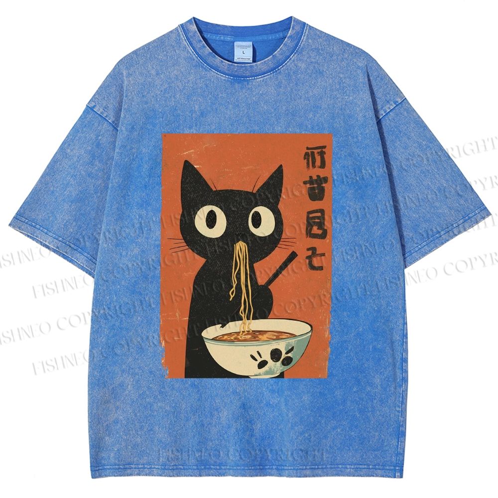 Unisex Japanese Ramen Cat Printed Washed Tee